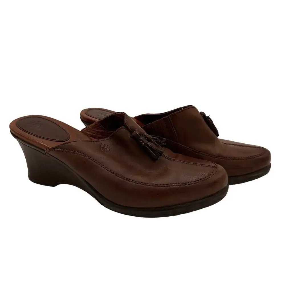 Ariat Brown Leather Tassle Slip On Mules Heels Size 9B